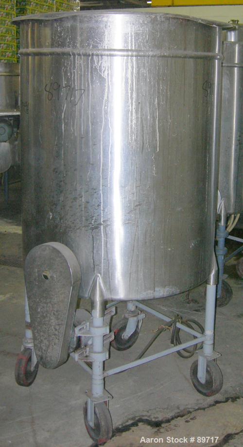 USED: Tank, 225 gallon, 304 stainless steel, vertical. 38" diameter x 48" straight side, open top with cover, flat bottom. Approximate 1" off center bottom outlet. Side bottom 3 blade agitator, drive...