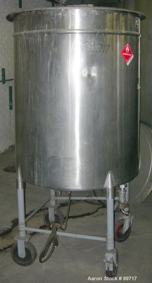 USED: Tank, 225 gallon, 304 stainless steel, vertical. 38" diameter x 48" straight side, open top with cover, flat bottom. Approximate 1" off center bottom outlet. Side bottom 3 blade agitator, drive...