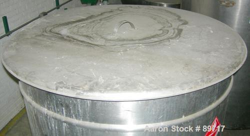 USED: Tank, 225 gallon, 304 stainless steel, vertical. 38" diameter x 48" straight side, open top with cover, flat bottom. Approximate 1" off center bottom outlet. Side bottom 3 blade agitator, drive...