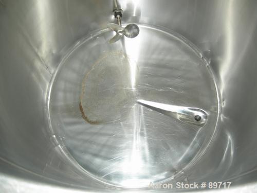 USED: Tank, 225 gallon, 304 stainless steel, vertical. 38" diameter x 48" straight side, open top with cover, flat bottom. Approximate 1" off center bottom outlet. Side bottom 3 blade agitator, drive...