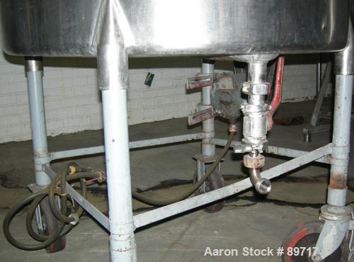 USED: Tank, 225 gallon, 304 stainless steel, vertical. 38" diameter x 48" straight side, open top with cover, flat bottom. Approximate 1" off center bottom outlet. Side bottom 3 blade agitator, drive...