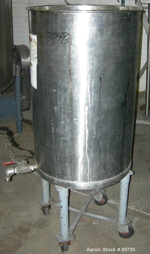 USED: Tank, 55 gallon, 304 stainless steel, vertical. 22" diameter x 35" straight side, open top, no cover, flat bottom. Approximate 1" side bottom outlet. Mounted on 4 carbon steel legs with casters...