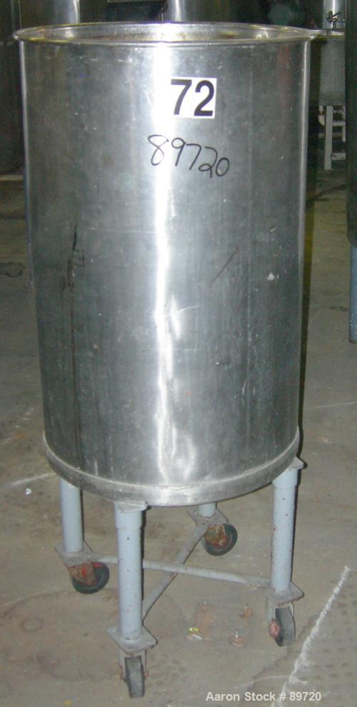 USED: Tank, 55 gallon, 304 stainless steel, vertical. 22" diameter x 35" straight side, open top, no cover, flat bottom. Approximate 1" side bottom outlet. Mounted on 4 carbon steel legs with casters...