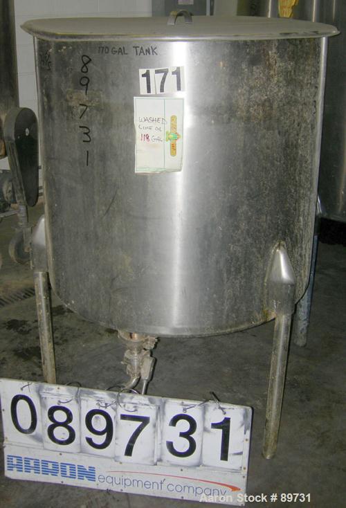 USED: Tank, 175 gallon, 304 stainless steel, vertical. 38" diameter x 35" straight side, open top with cover, sloped bottom. Approximate 1" off center bottom outlet. Mounted on 3 stainless steel legs...