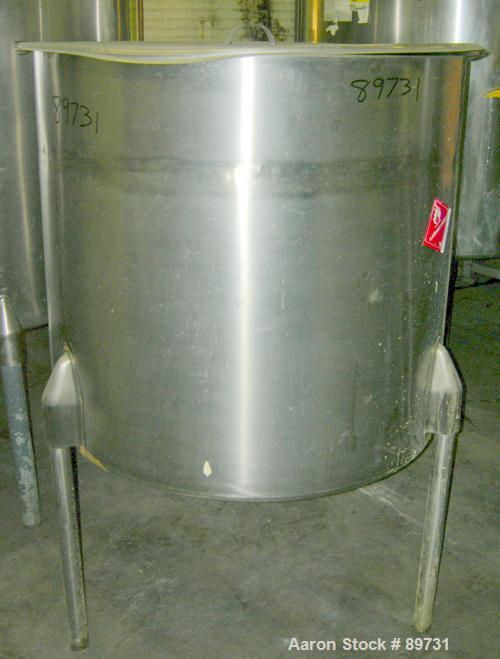 USED: Tank, 175 gallon, 304 stainless steel, vertical. 38" diameter x 35" straight side, open top with cover, sloped bottom. Approximate 1" off center bottom outlet. Mounted on 3 stainless steel legs...