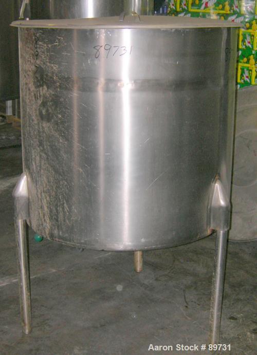 USED: Tank, 175 gallon, 304 stainless steel, vertical. 38" diameter x 35" straight side, open top with cover, sloped bottom. Approximate 1" off center bottom outlet. Mounted on 3 stainless steel legs...