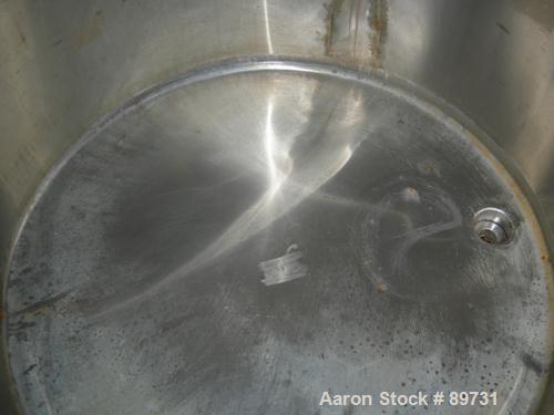 USED: Tank, 175 gallon, 304 stainless steel, vertical. 38" diameter x 35" straight side, open top with cover, sloped bottom. Approximate 1" off center bottom outlet. Mounted on 3 stainless steel legs...
