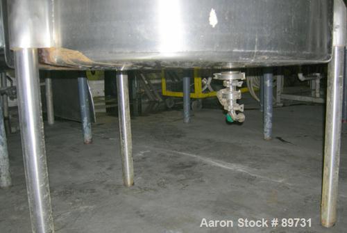 USED: Tank, 175 gallon, 304 stainless steel, vertical. 38" diameter x 35" straight side, open top with cover, sloped bottom. Approximate 1" off center bottom outlet. Mounted on 3 stainless steel legs...