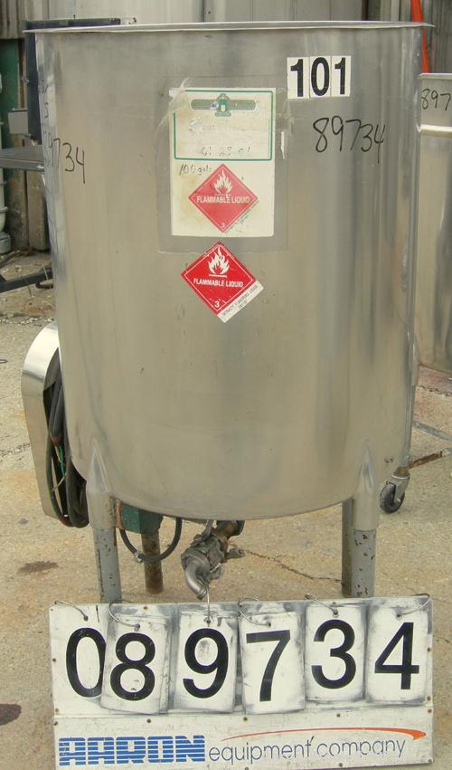 USED: Tank, 120 gallon, 304 stainless steel, vertical. 31" diameter x 36" straight side, open top, no cover, coned bottom. Approximate 1-1/2" center bottom outlet. Side bottom 3 blade agitator, drive...