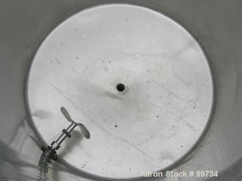 USED: Tank, 120 gallon, 304 stainless steel, vertical. 31" diameter x 36" straight side, open top, no cover, coned bottom. Approximate 1-1/2" center bottom outlet. Side bottom 3 blade agitator, drive...