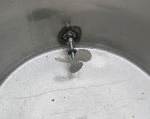 USED: Tank, 120 gallon, 304 stainless steel, vertical. 31" diameter x 36" straight side, open top, no cover, coned bottom. Approximate 1-1/2" center bottom outlet. Side bottom 3 blade agitator, drive...