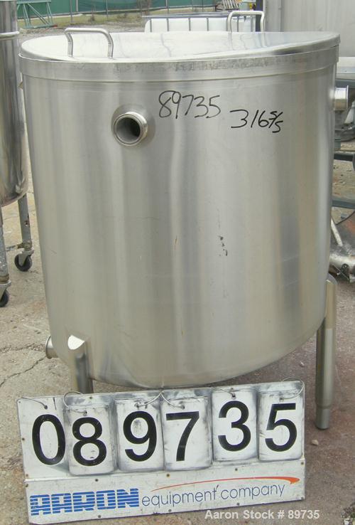 USED: Tank, 150 gallon, 316 stainless steel, vertical. 36" diameter x 35" straight side, open top with cover, sloped bottom. Approximate 3" tri clamp off center bottom outlet. Mounted on 4 stainless ...