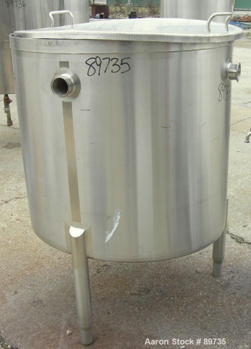USED: Tank, 150 gallon, 316 stainless steel, vertical. 36" diameter x 35" straight side, open top with cover, sloped bottom. Approximate 3" tri clamp off center bottom outlet. Mounted on 4 stainless ...
