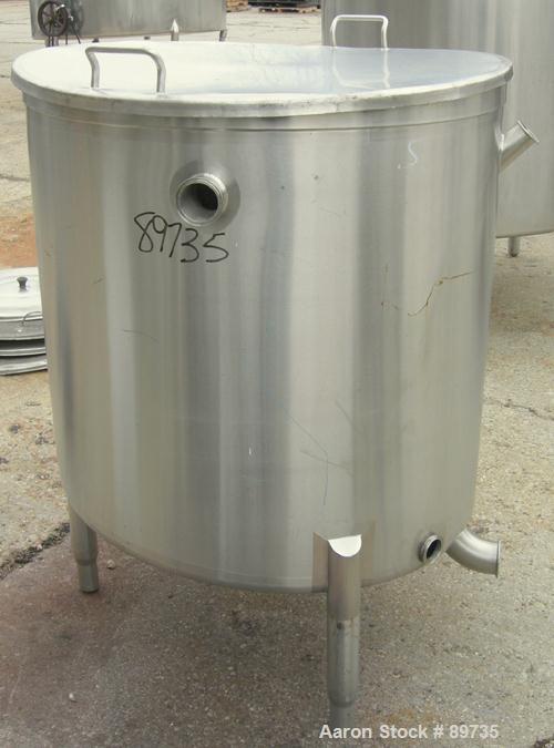 USED: Tank, 150 gallon, 316 stainless steel, vertical. 36" diameter x 35" straight side, open top with cover, sloped bottom. Approximate 3" tri clamp off center bottom outlet. Mounted on 4 stainless ...