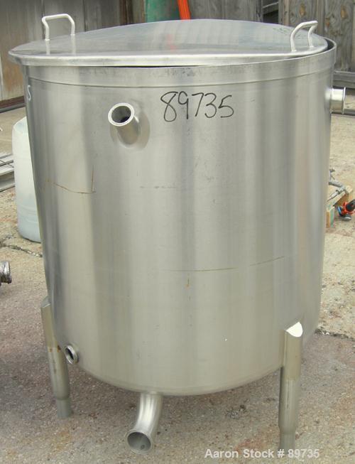 USED: Tank, 150 gallon, 316 stainless steel, vertical. 36" diameter x 35" straight side, open top with cover, sloped bottom. Approximate 3" tri clamp off center bottom outlet. Mounted on 4 stainless ...