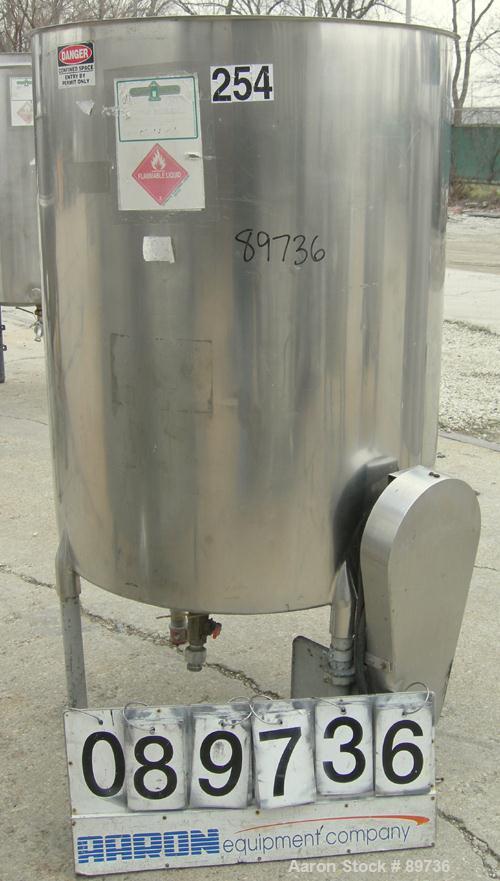 USED: Tank, 225 gallon, 304 stainless steel, vertical. 38" diameter x 48" straight side, open top, no cover, flat bottom. Approximate 1" off center bottom outlet, side bottom 3 blade agitator, driven...