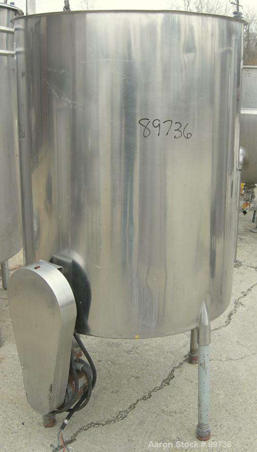 USED: Tank, 225 gallon, 304 stainless steel, vertical. 38" diameter x 48" straight side, open top, no cover, flat bottom. Approximate 1" off center bottom outlet, side bottom 3 blade agitator, driven...