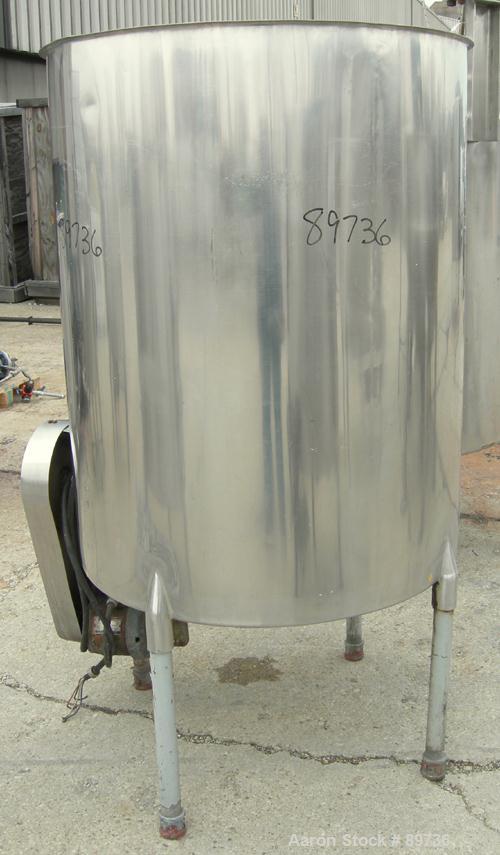 USED: Tank, 225 gallon, 304 stainless steel, vertical. 38" diameter x 48" straight side, open top, no cover, flat bottom. Approximate 1" off center bottom outlet, side bottom 3 blade agitator, driven...