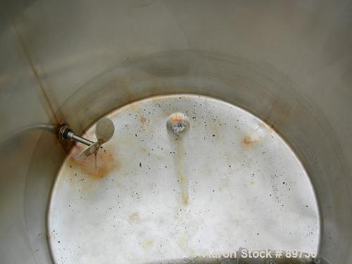 USED: Tank, 225 gallon, 304 stainless steel, vertical. 38" diameter x 48" straight side, open top, no cover, flat bottom. Approximate 1" off center bottom outlet, side bottom 3 blade agitator, driven...