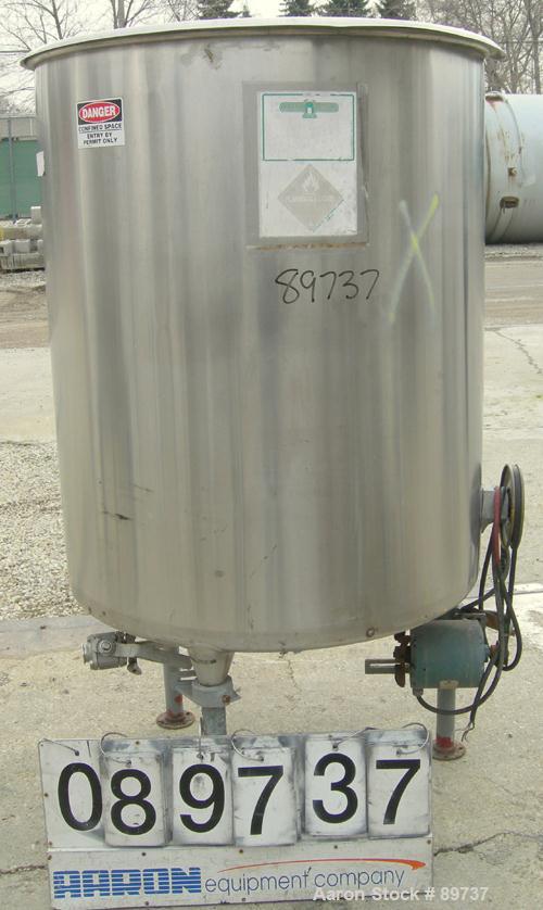USED: Tank, 225 gallon, 304 stainless steel, vertical. 38" diameter x 46" straight side, open top, no cover, coned bottom. Approximate 1-1/2" center bottom outlet. Side bottom 3 blade agitator, drive...