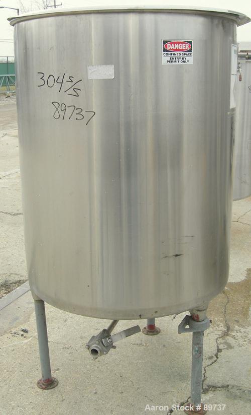 USED: Tank, 225 gallon, 304 stainless steel, vertical. 38" diameter x 46" straight side, open top, no cover, coned bottom. Approximate 1-1/2" center bottom outlet. Side bottom 3 blade agitator, drive...