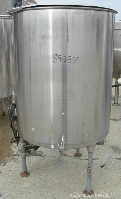 USED: Tank, 225 gallon, 304 stainless steel, vertical. 38" diameter x 46" straight side, open top, no cover, coned bottom. Approximate 1-1/2" center bottom outlet. Side bottom 3 blade agitator, drive...