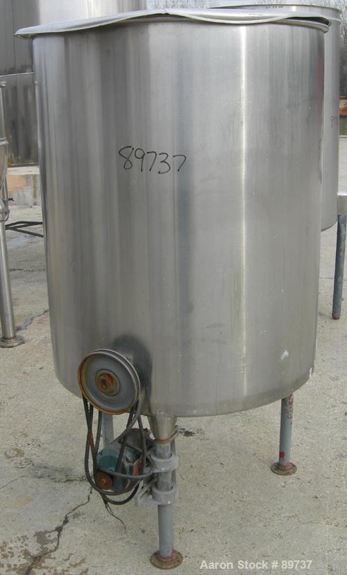 USED: Tank, 225 gallon, 304 stainless steel, vertical. 38" diameter x 46" straight side, open top, no cover, coned bottom. Approximate 1-1/2" center bottom outlet. Side bottom 3 blade agitator, drive...