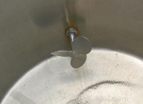 USED: Tank, 225 gallon, 304 stainless steel, vertical. 38" diameter x 46" straight side, open top, no cover, coned bottom. Approximate 1-1/2" center bottom outlet. Side bottom 3 blade agitator, drive...
