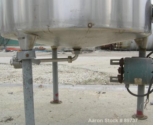 USED: Tank, 225 gallon, 304 stainless steel, vertical. 38" diameter x 46" straight side, open top, no cover, coned bottom. Approximate 1-1/2" center bottom outlet. Side bottom 3 blade agitator, drive...
