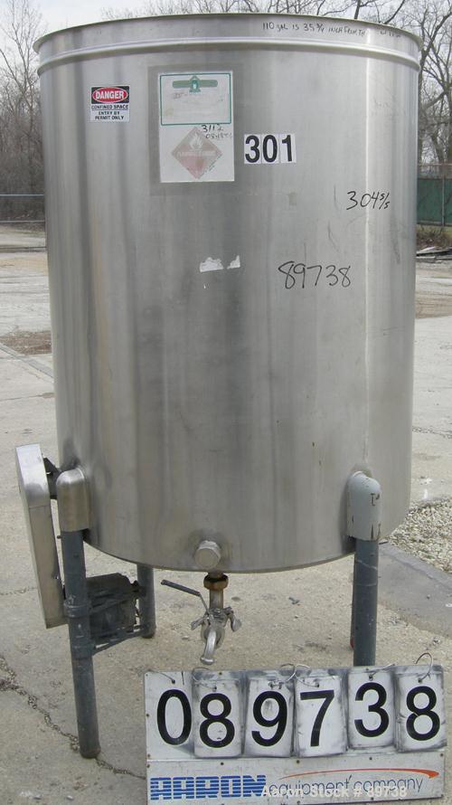 USED: Tank, 300 gallon, 304 stainless steel, vertical. 42" diameter x 51" straight side, open top, no cover, sloped bottom. Approximate 1-1/2" off center bottom outlet. Side bottom 3 blade agitator, ...