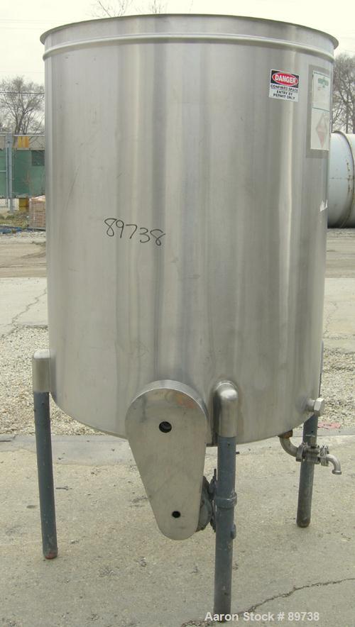 USED: Tank, 300 gallon, 304 stainless steel, vertical. 42" diameter x 51" straight side, open top, no cover, sloped bottom. Approximate 1-1/2" off center bottom outlet. Side bottom 3 blade agitator, ...