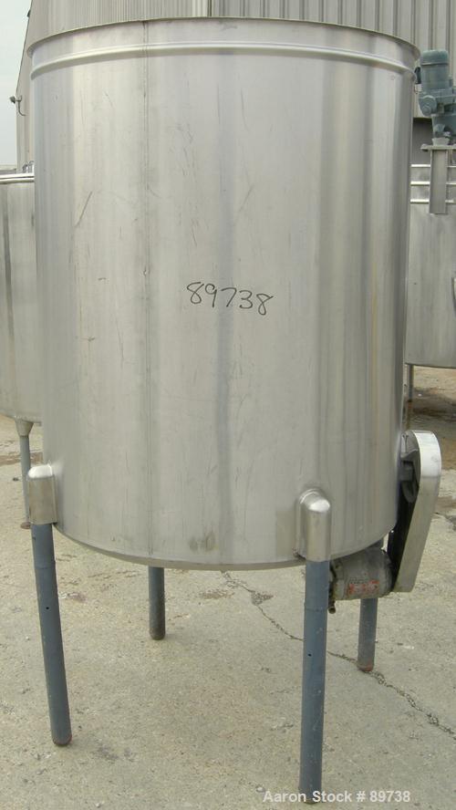 USED: Tank, 300 gallon, 304 stainless steel, vertical. 42" diameter x 51" straight side, open top, no cover, sloped bottom. Approximate 1-1/2" off center bottom outlet. Side bottom 3 blade agitator, ...