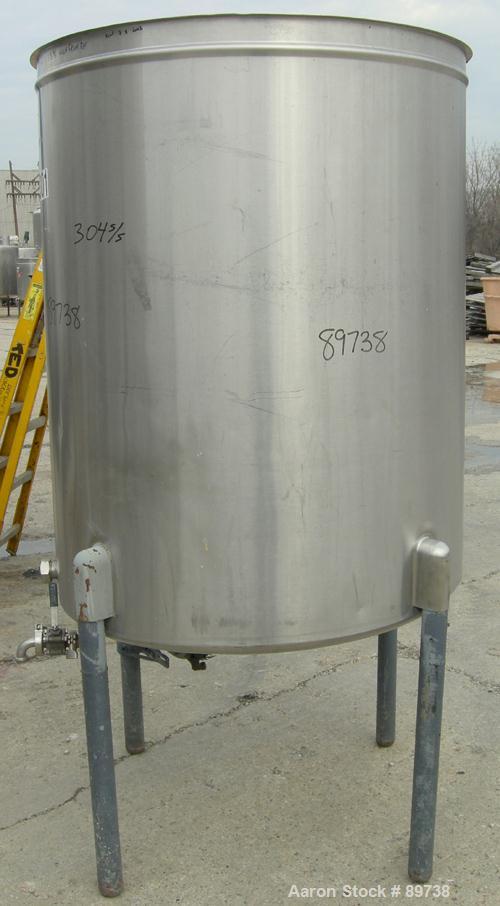 USED: Tank, 300 gallon, 304 stainless steel, vertical. 42" diameter x 51" straight side, open top, no cover, sloped bottom. Approximate 1-1/2" off center bottom outlet. Side bottom 3 blade agitator, ...