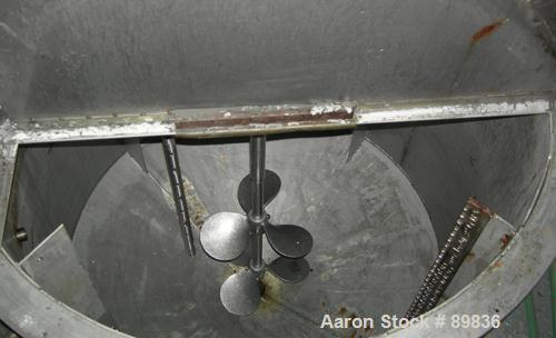 USED: Tank, 275 gallon, stainless steel, insulated, vertical. 48" diameter x 36" straight side. Flat top with hinged cover, cone bottom. Top entering Chemineer agitator, model VLB-30, 1-1/2" diameter...