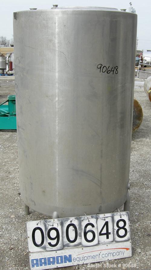 USED: Tank, 290 gallon, 304 stainless steel, vertical. Approximate38" diameter x 60" straight side. Flat top, sloped bottom. Openings:top (2) 1-1/2" tri clamp, (2) 2" tri clamp, 17-1/2" manway with c...