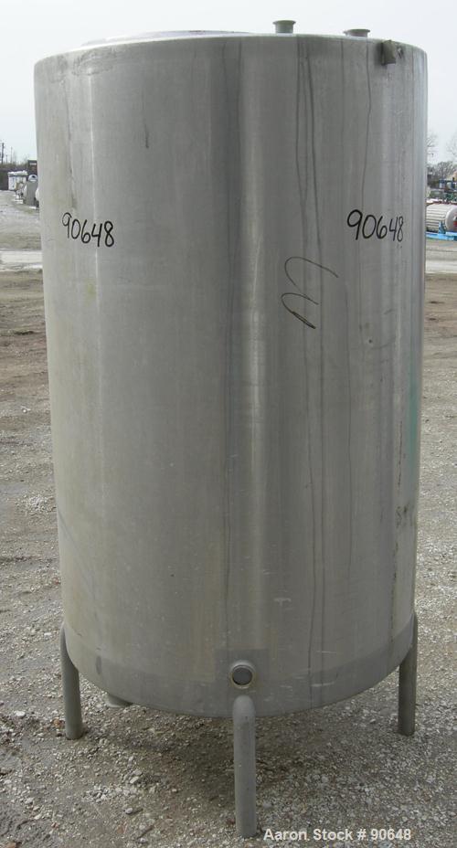 USED: Tank, 290 gallon, 304 stainless steel, vertical. Approximate38" diameter x 60" straight side. Flat top, sloped bottom. Openings:top (2) 1-1/2" tri clamp, (2) 2" tri clamp, 17-1/2" manway with c...