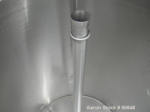 USED: Tank, 290 gallon, 304 stainless steel, vertical. Approximate38" diameter x 60" straight side. Flat top, sloped bottom. Openings:top (2) 1-1/2" tri clamp, (2) 2" tri clamp, 17-1/2" manway with c...