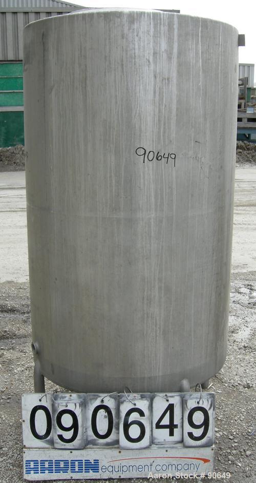 USED: Tank, 290 gallon, 304 stainless steel, vertical. Approximate38" diameter x 60" straight side. Flat top, sloped bottom. Openings:top (2) 1-1/2" tri clamp, (2) 2" tri clamp, 17-1/2" manway with c...