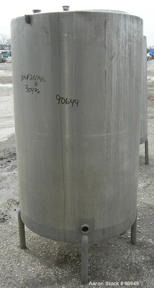 USED: Tank, 290 gallon, 304 stainless steel, vertical. Approximate38" diameter x 60" straight side. Flat top, sloped bottom. Openings:top (2) 1-1/2" tri clamp, (2) 2" tri clamp, 17-1/2" manway with c...