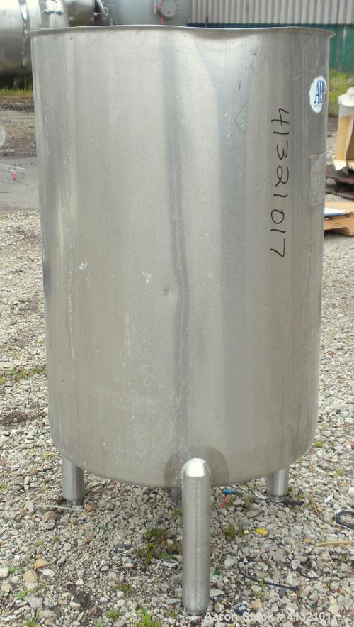 Used A&B Process Systems Tank, 50 Gallon, 304 Stainless Steel, Model RVT-50, Vertical. 22’’ diameter x 30’’ straight side. Flat open top, no cover, coned bottom. 1-1/2’’ tri-clamp center bottom outle...