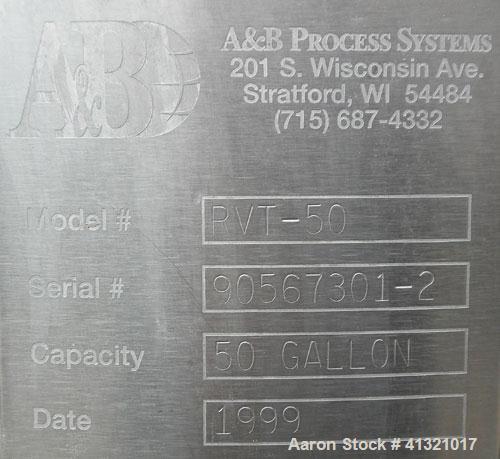 Used A&B Process Systems Tank, 50 Gallon, 304 Stainless Steel, Model RVT-50, Vertical. 22’’ diameter x 30’’ straight side. Flat open top, no cover, coned bottom. 1-1/2’’ tri-clamp center bottom outle...