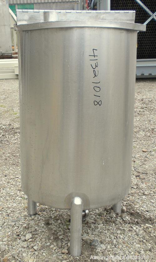 Used A&B Process Systems Tank, 50 Gallon, 304 Stainless Steel, Model RVT-50, Vertical. 22’’ diameter x 30’’ straight side. Flat open top, with cover, coned bottom. 1-1/2’’ tri-clamp center bottom out...