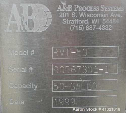 Used A&B Process Systems Tank, 50 Gallon, 304 Stainless Steel, Model RVT-50, Vertical. 22’’ diameter x 30’’ straight side. Flat open top, with cover, coned bottom. 1-1/2’’ tri-clamp center bottom out...