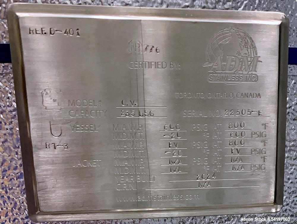 Unused ADM Stainless, Type 36" OD Steam Blowdown Drum, Model C.V.  235 gallon, approximately 36" diameter x 48" straight side.  Vertical, 304 stainless steel.  600/FV PSIG at -20 to  800 degreesF. Se...