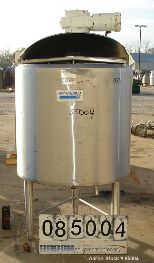 Used APV Crepaco Insulated Scraper Mixing Tank, 185 Gallon, 316 Stainless Steel. 40" diameter x 40" straight side. Flat top with dual hinged covers, slight cone bottom with a 2-1/2" National Pipe Thr...