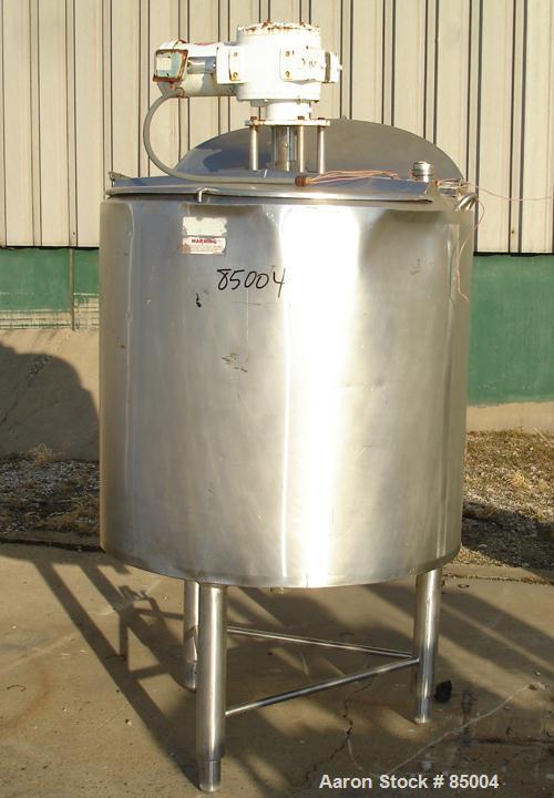 Used APV Crepaco Insulated Scraper Mixing Tank, 185 Gallon, 316 Stainless Steel. 40" diameter x 40" straight side. Flat top with dual hinged covers, slight cone bottom with a 2-1/2" National Pipe Thr...