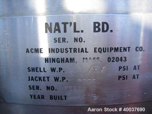 Used Acme Pressure Tank, 40 gallon, Stainless steel, Vertical. 22" diameter x 24" straight side, dished top and bottom. Internal rated 100/fv at 325 deg.f.. Openings top 10". 1" center bottom outlet....