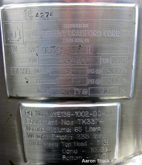 Used 65 Liter Stainless Steel Allegheny Bradford Coned Pressure Tank