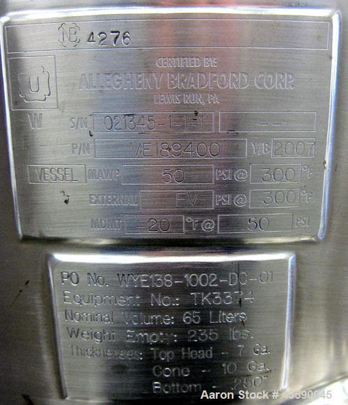 Used- 65 Liter Stainless Steel Allegheny Bradford Coned Pressure Tank