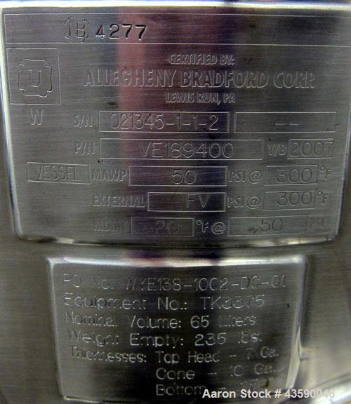 Used 65 Liter Stainless Steel Allegheny Bradford Coned Pressure Tank
